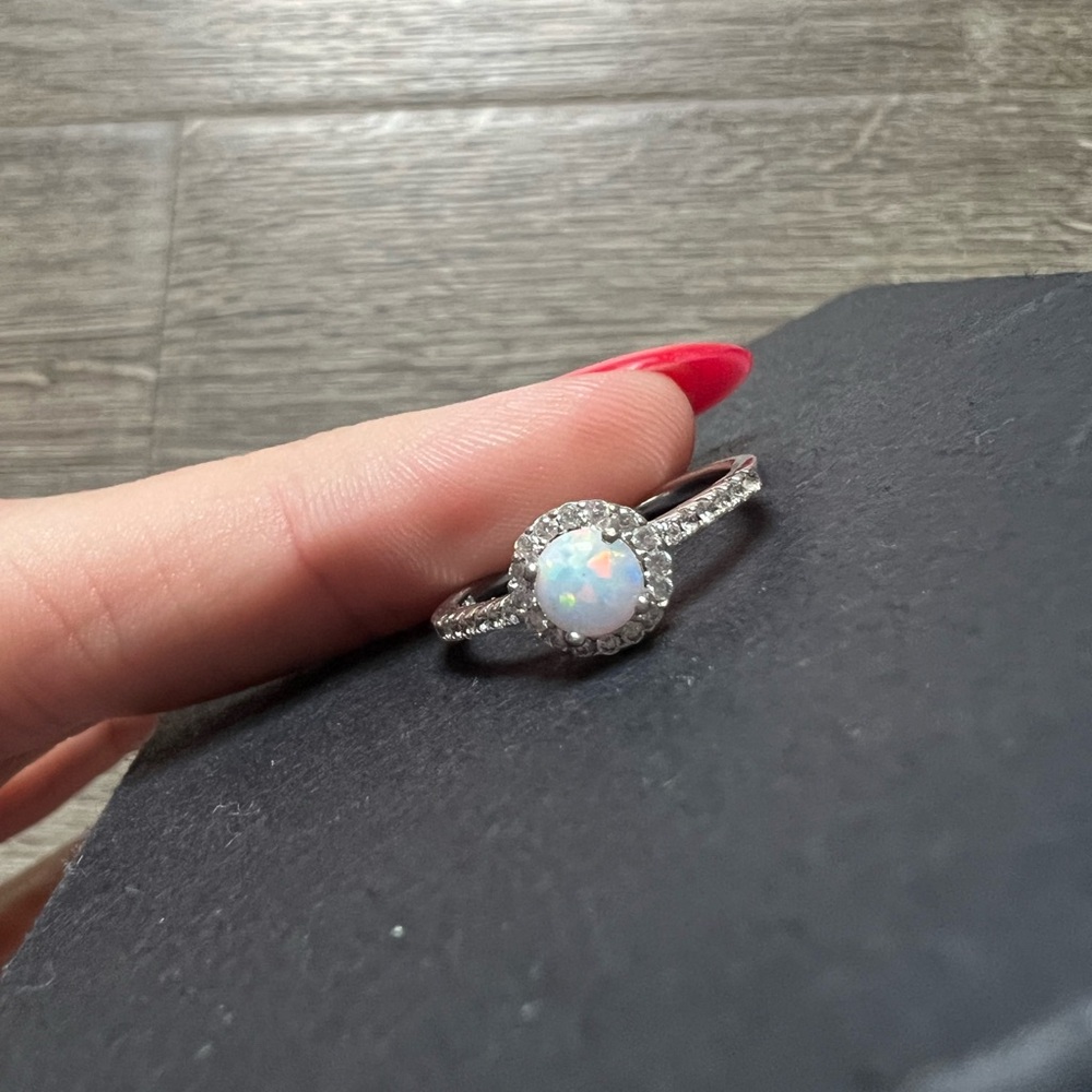 Zales Sterling Silver Opal Halo Ring White Sapphire Lab Opal Bridal - Picture 5 of 14